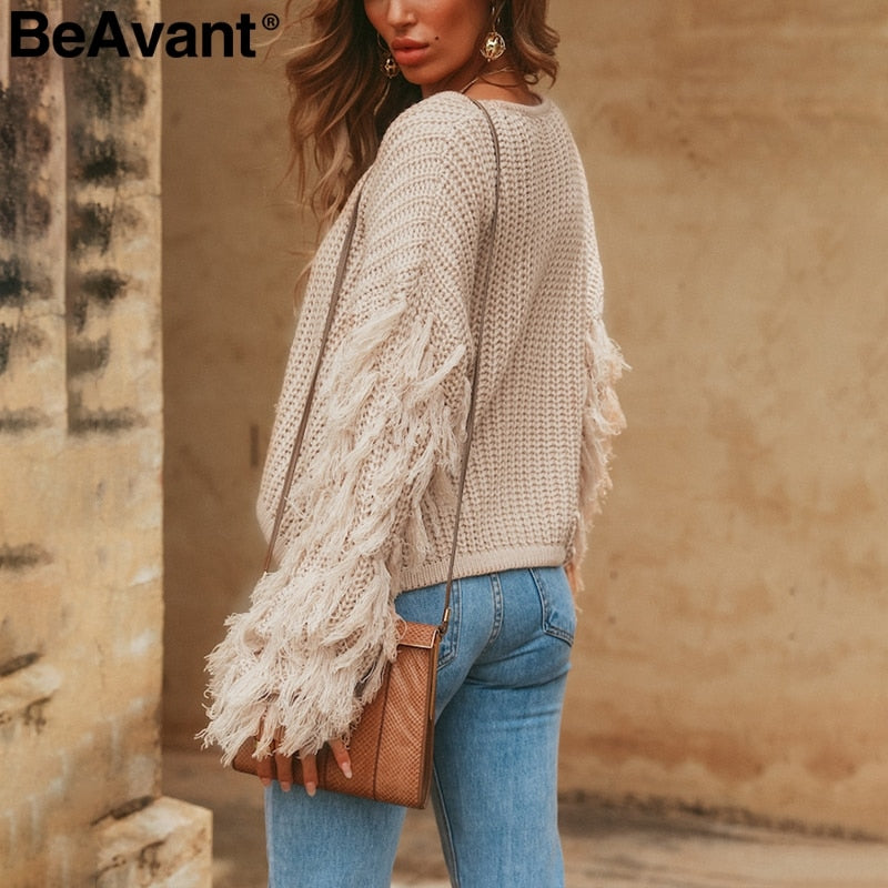 Womens Tassel Knitted Pullover Jumper