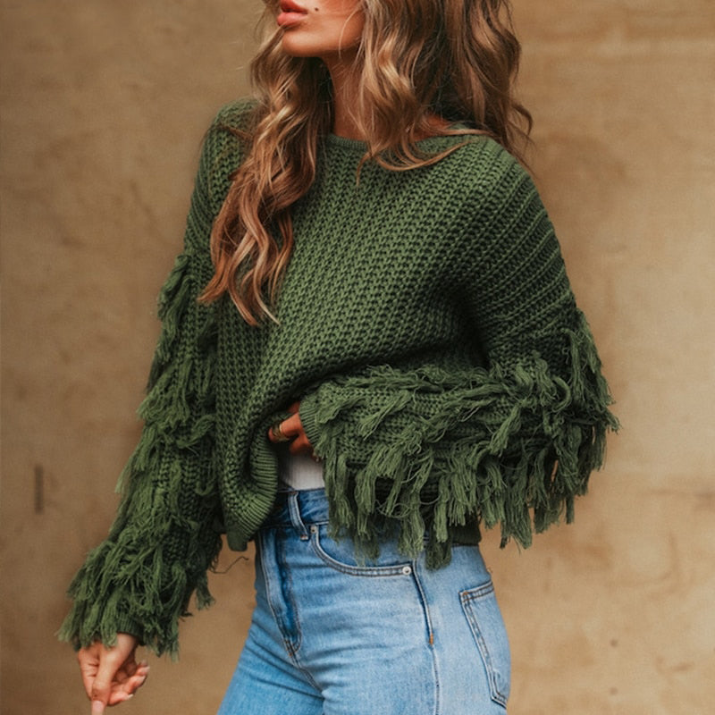Womens Tassel Knitted Pullover Jumper