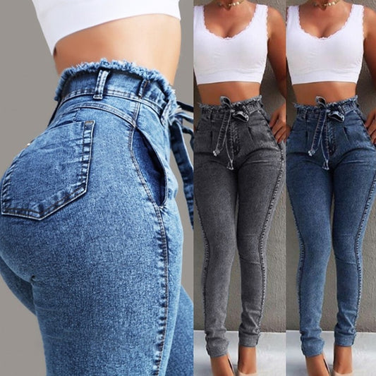 Womens High Waist Bandage Denim Jeans